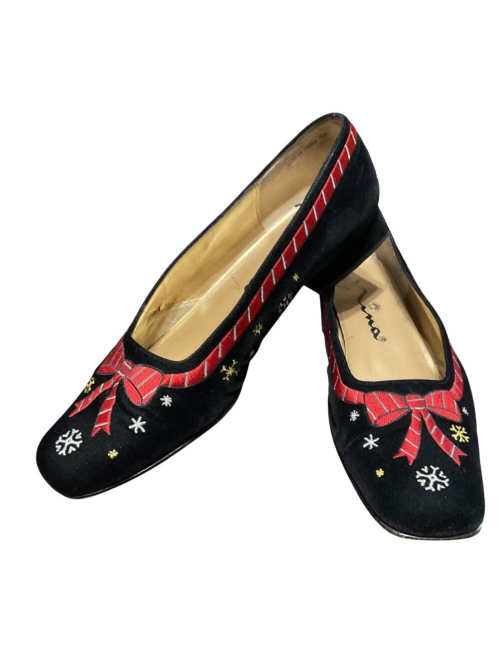 Vtg Nina Black Velvet Flats Size 9.5 Holiday Embroidered Bow Snowflake Womens